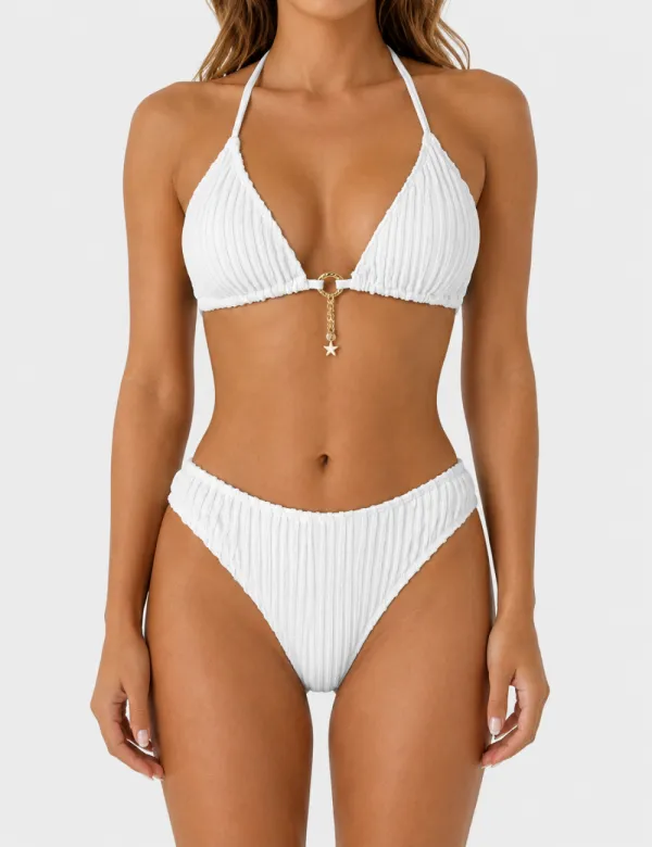 Vertical Texture Halter Neck Triangle Bikini Set