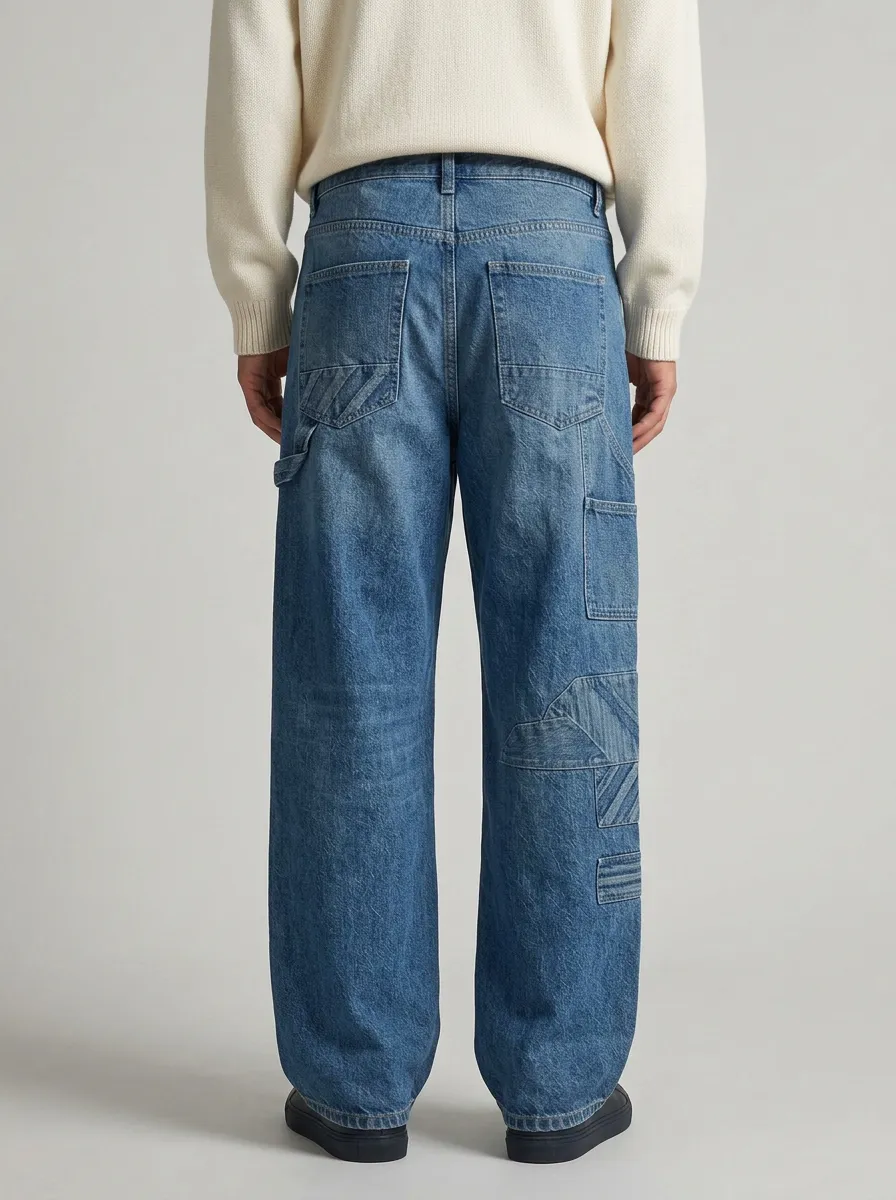 Men's Streetwear Geometric Patchwork Printed Wide Leg Jeans