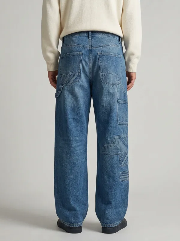 Men's Streetwear Geometric Patchwork Printed Wide Leg Jeans
