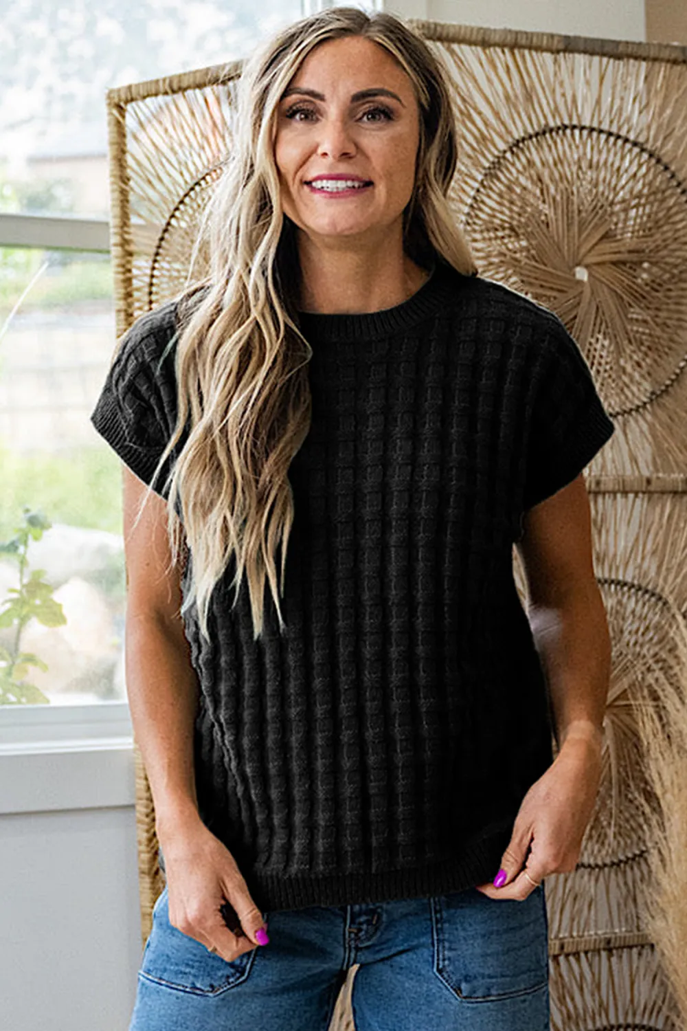 Black Round Neck Textured Short Sleeve Top