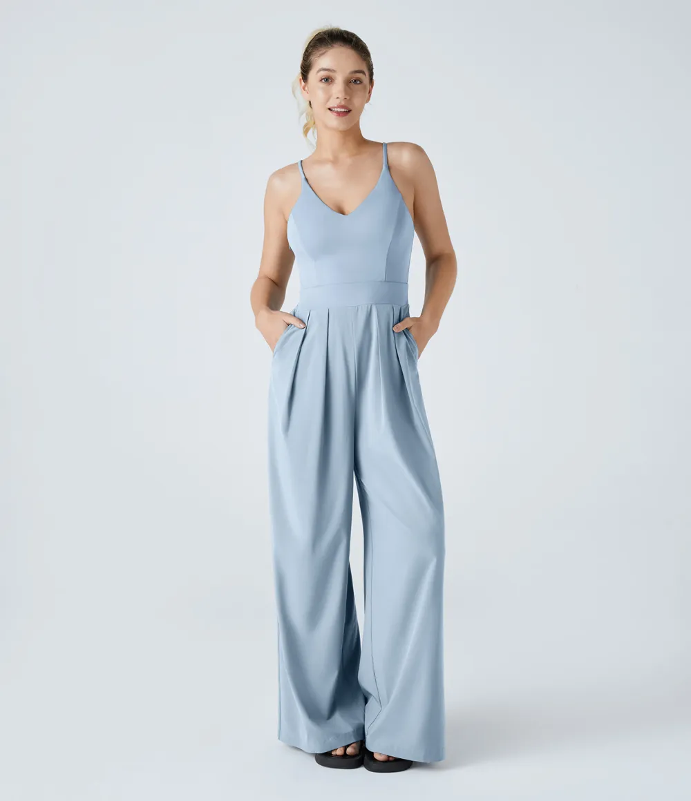 Breezeful Backless Side Invisible Zipper Pocket Wide Leg Quick Dry Resort Slip Jumpsuit