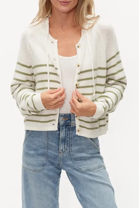 White Green Striped Button Front Knit Cardigan