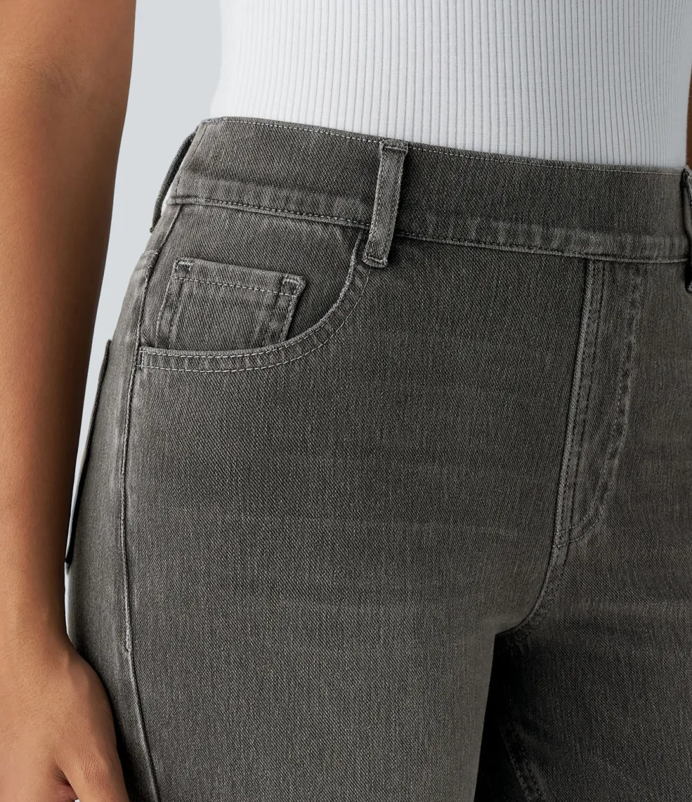 Magic High Waisted Multiple Pockets Straight Leg Washed Stretchy Knit Casual Jeans