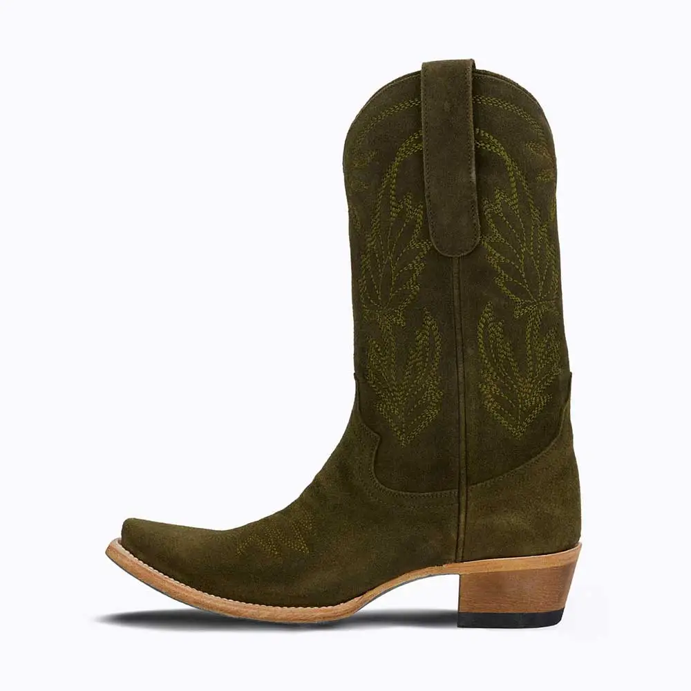 Modern Faux-Suede Embroidered Snip-Toe Chunky-Heel Mid-Calf Boots