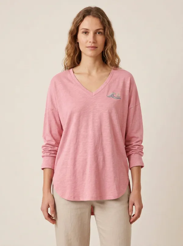 Women's Sailboat V-Neck Long-Sleeve Graphic T-Shirt