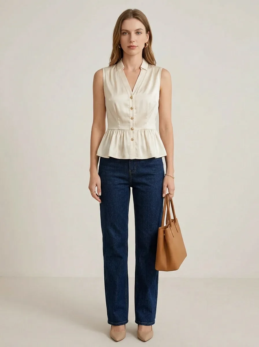 V-Neck Button Down Peplum Sleeveless Top