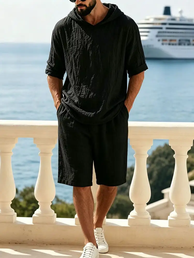 Washed Cotton Linen Hoodie Short Two Piece Set