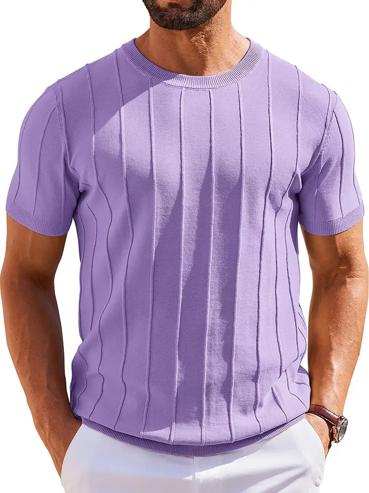 Casual Short Sleeve Shirt Ribbed Knit Pullover Tee