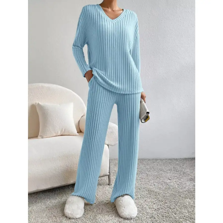 Classic Ribbed Knit Long Sleeve Top and Pants Set
