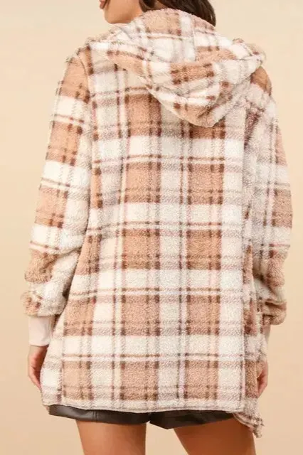 Plush Plaid Hooded Pocketed Casual Jacket