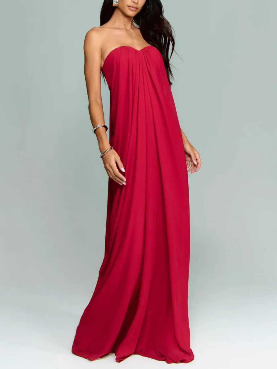 Strapless A Line Pleated Maxi Dress