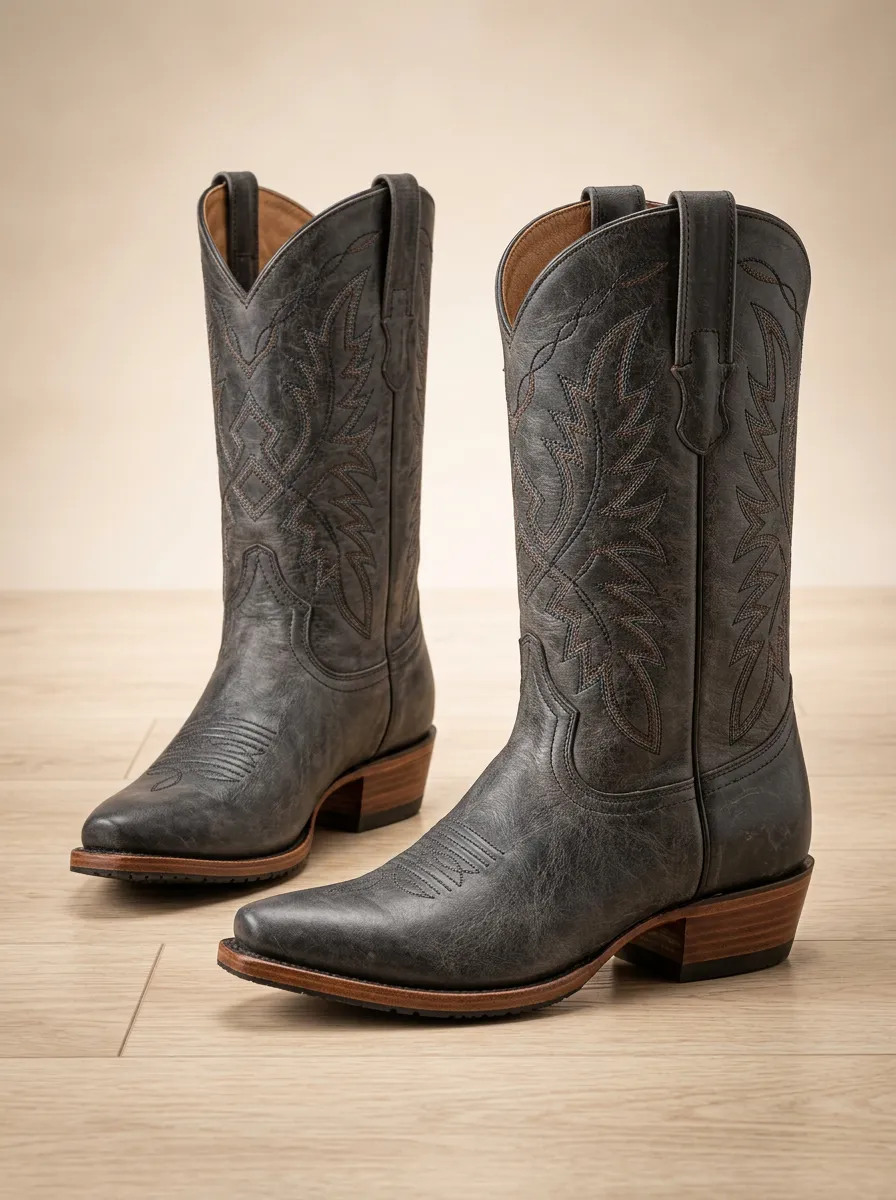 Unisex Western Cowboy Embroidered Distressed Boots Leather