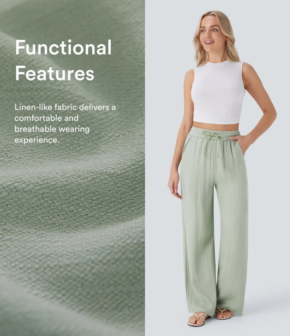 2026🔥  High Waisted Drawstring Pocket Wide Leg Casual Linen-Feel Pants