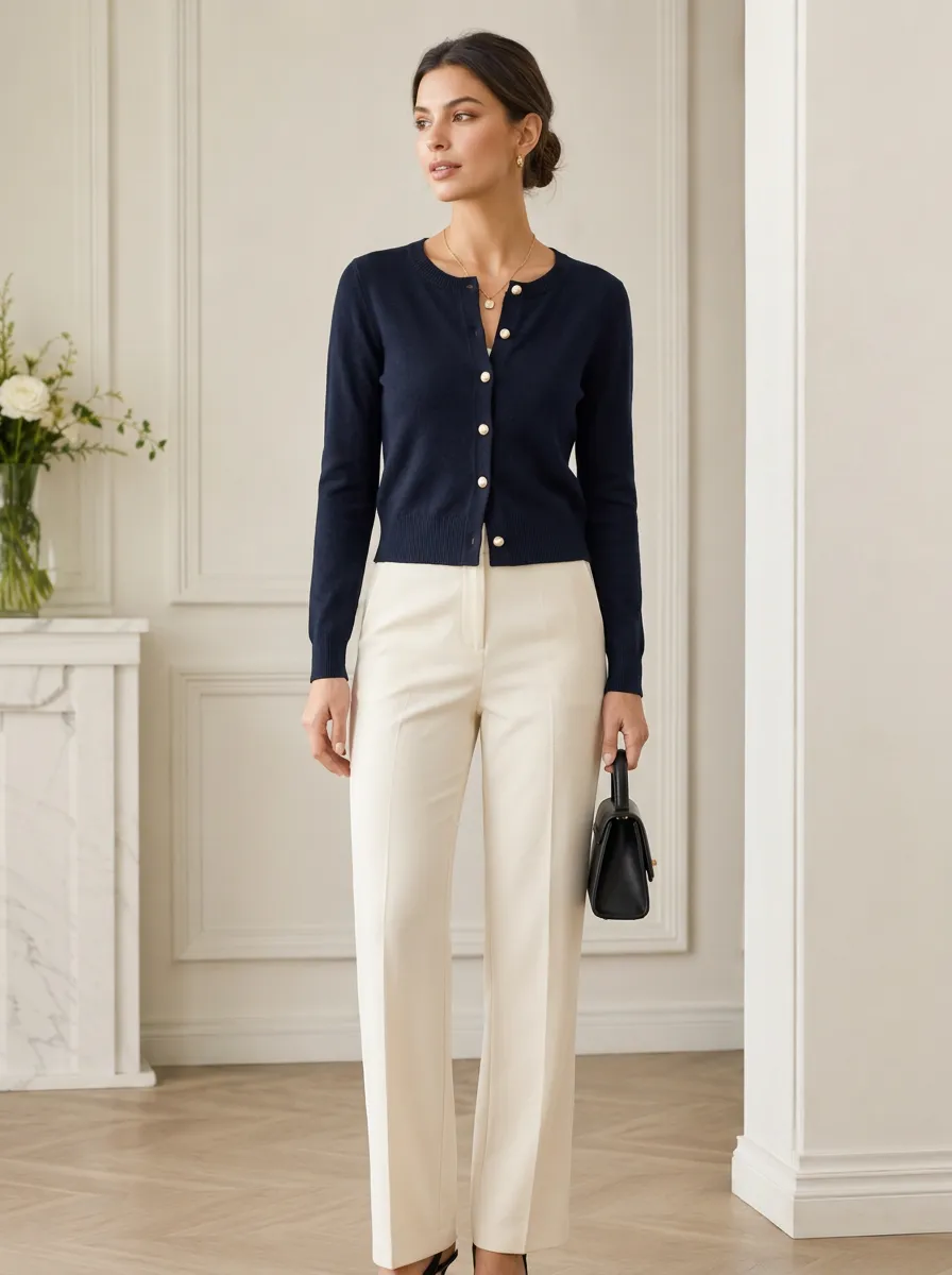 Women's Navy Blue Pearl Button Knit Cardigan