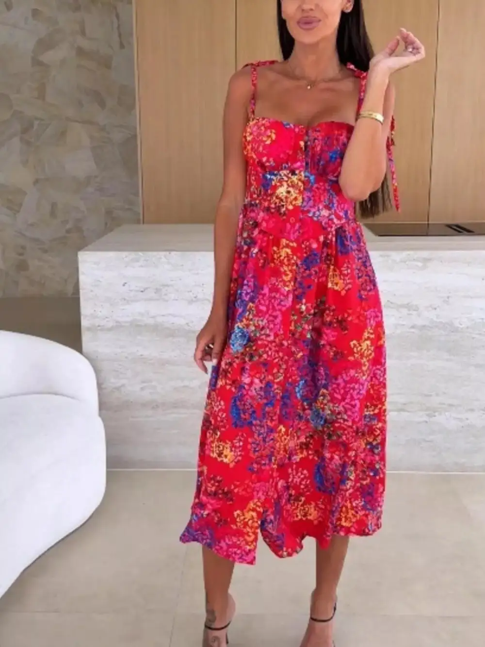 Printed Tie-strap Midi Dress