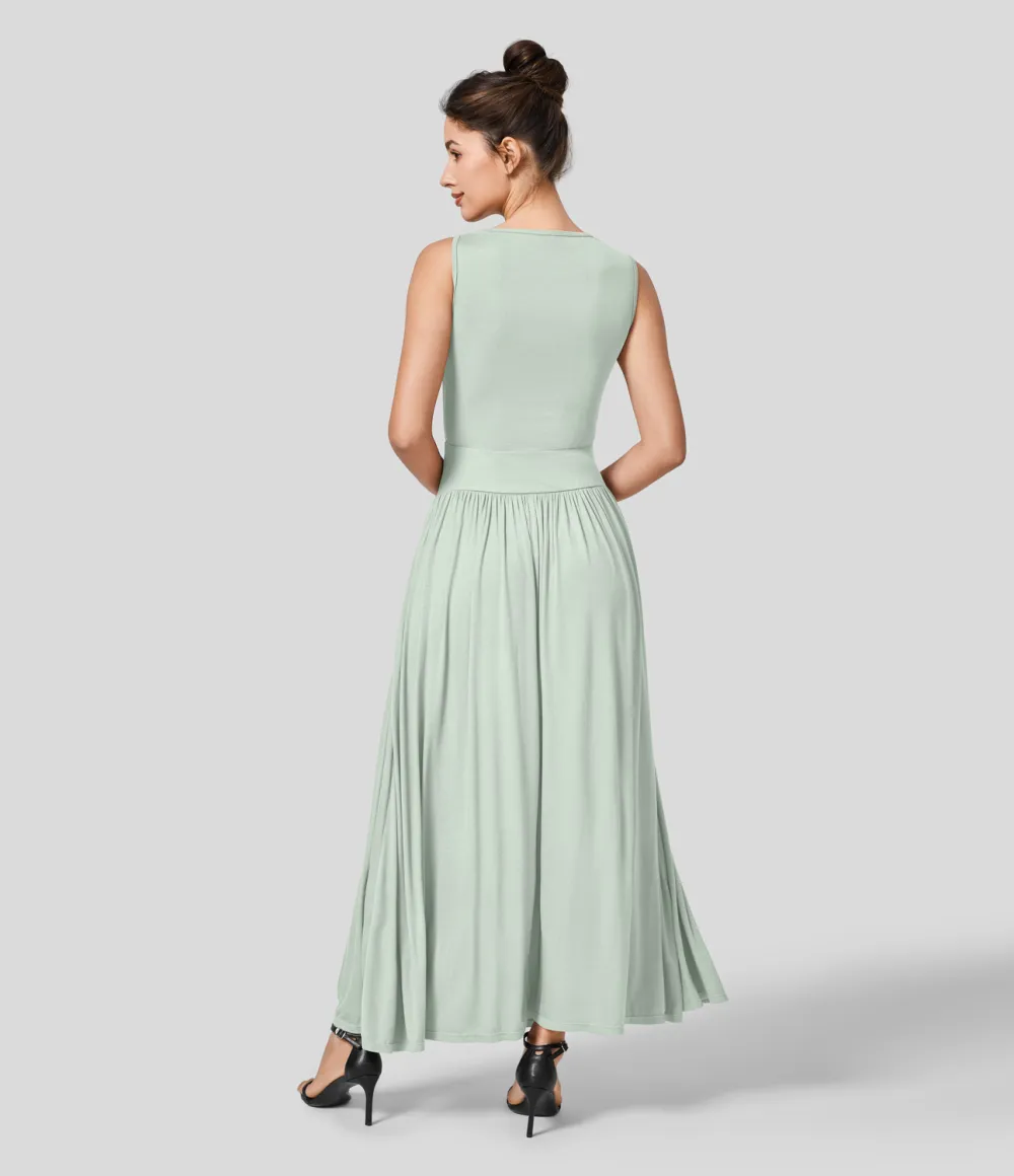 Ribbed Boat Neck Ruched Side Pocket Flowy Maxi Casual Dress
