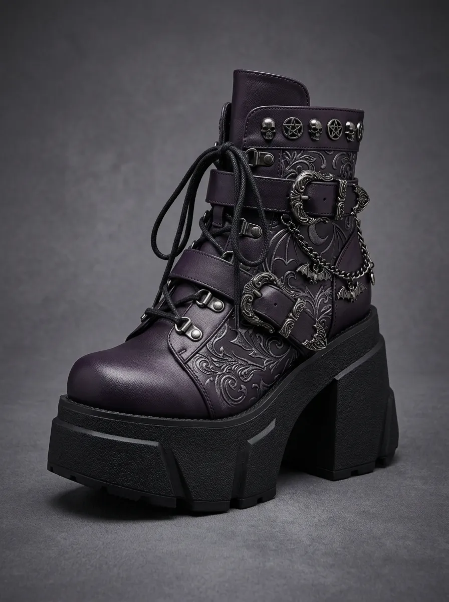 Witchy Skull Bat Embossed Edit Women's Gothic Platform Boots