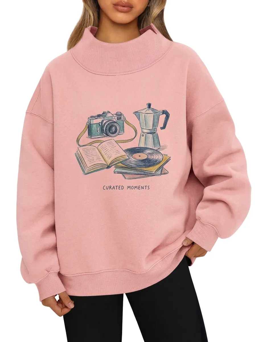 Women's Vintage Hobby Camera Coffee Vinyl Book Graphic Sweatshirt