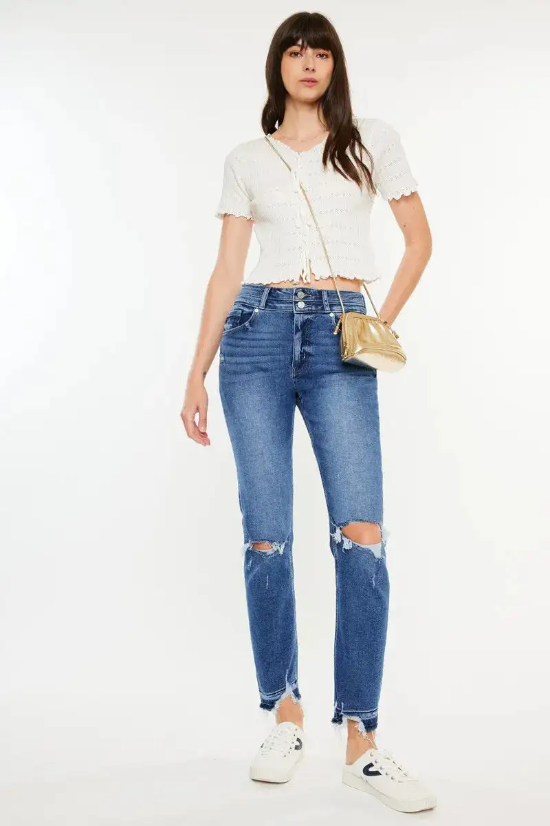 Textured High Waist Straight Leg Distressed Denim Jeans