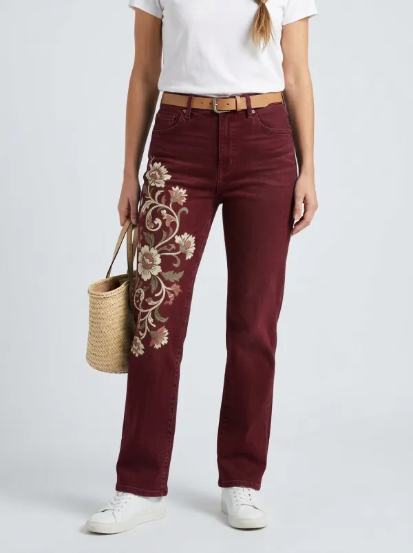 Women's Vintage Floral Vine Printed Straight Leg Jeans