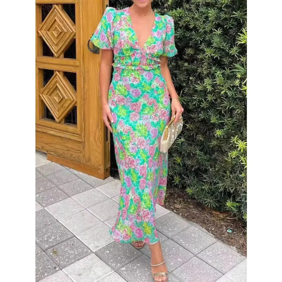 Print V-neck Puff Sleeve Midi Dress