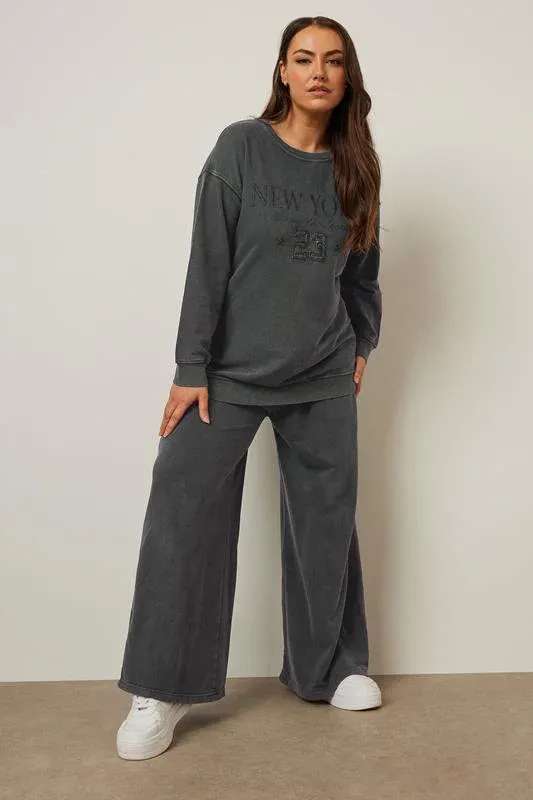 Charcoal Grey 'New York' Embroidered Slogan Sweatshirt