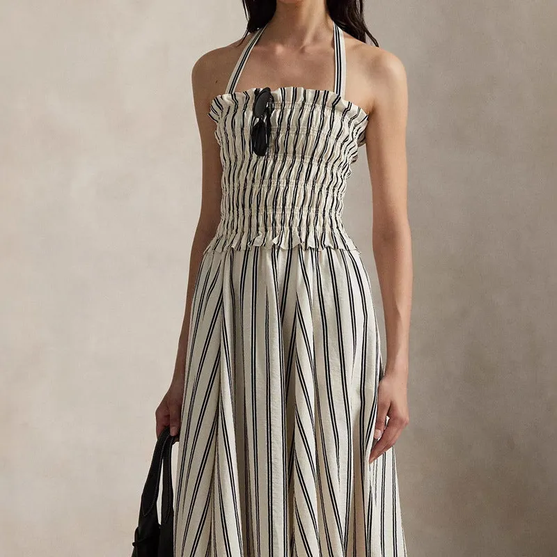 Women's A-Line Halter Smocked Beach Midi Dress