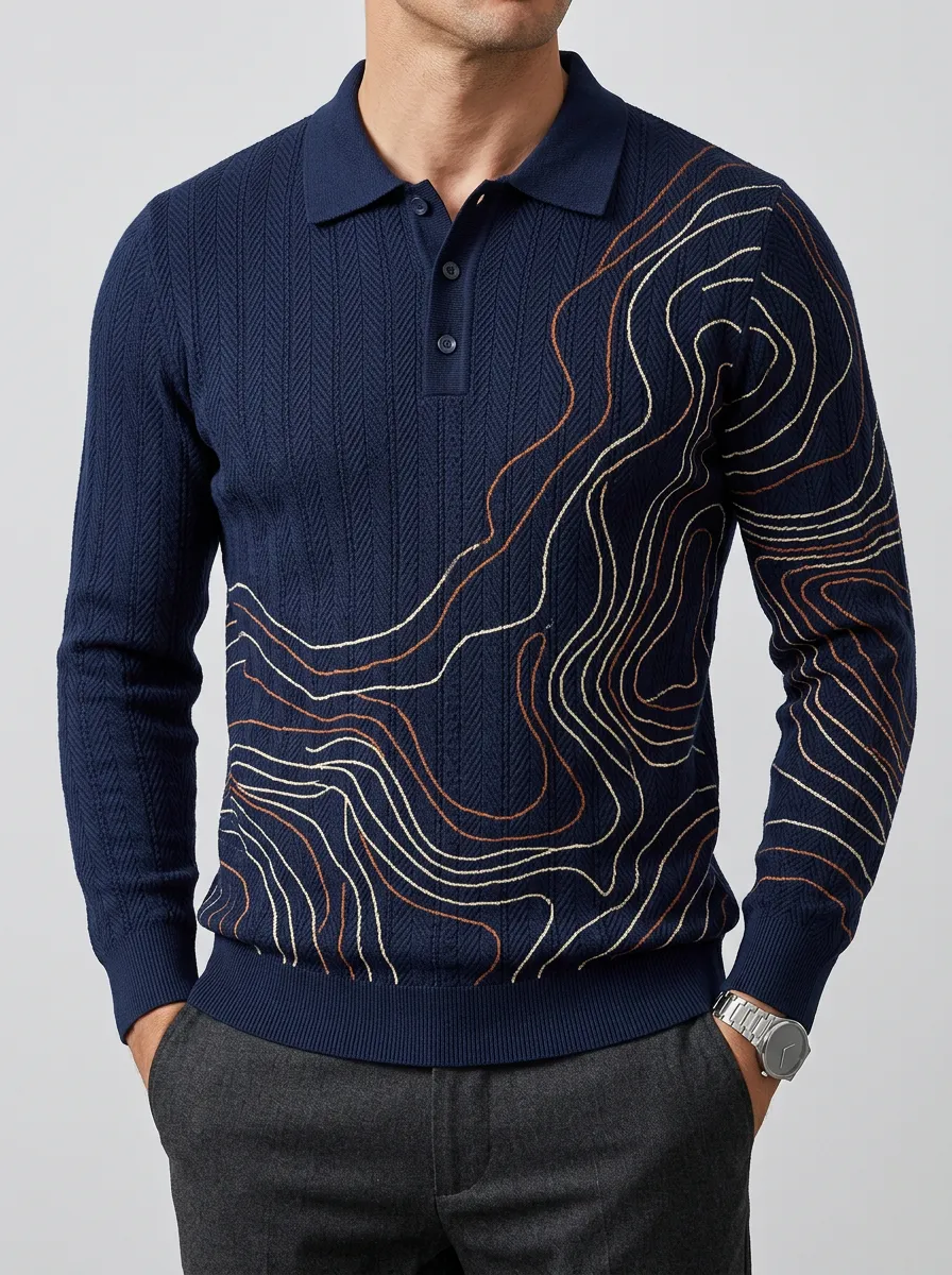 Men's Topographic Map Everyday Long Sleeve Polo Shirt