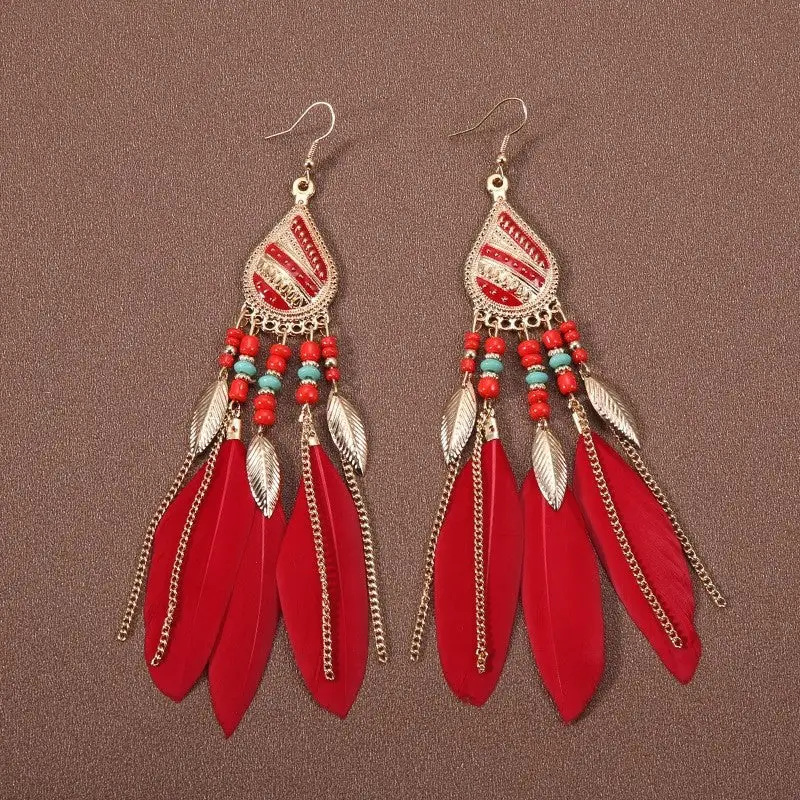 Feather Beaded Tassel Drop Earrings