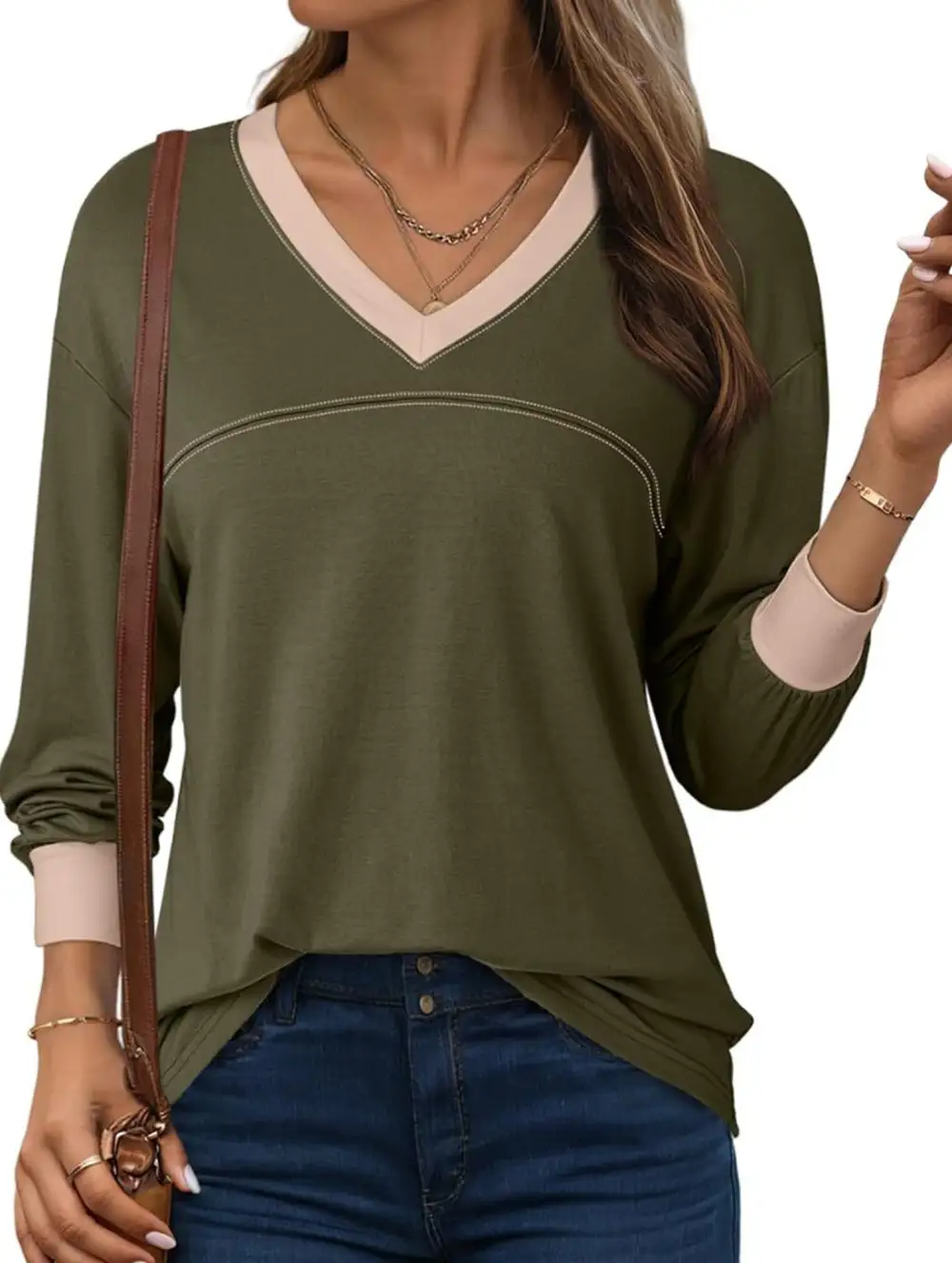 Contrast V Neck Loose Sweatshirt