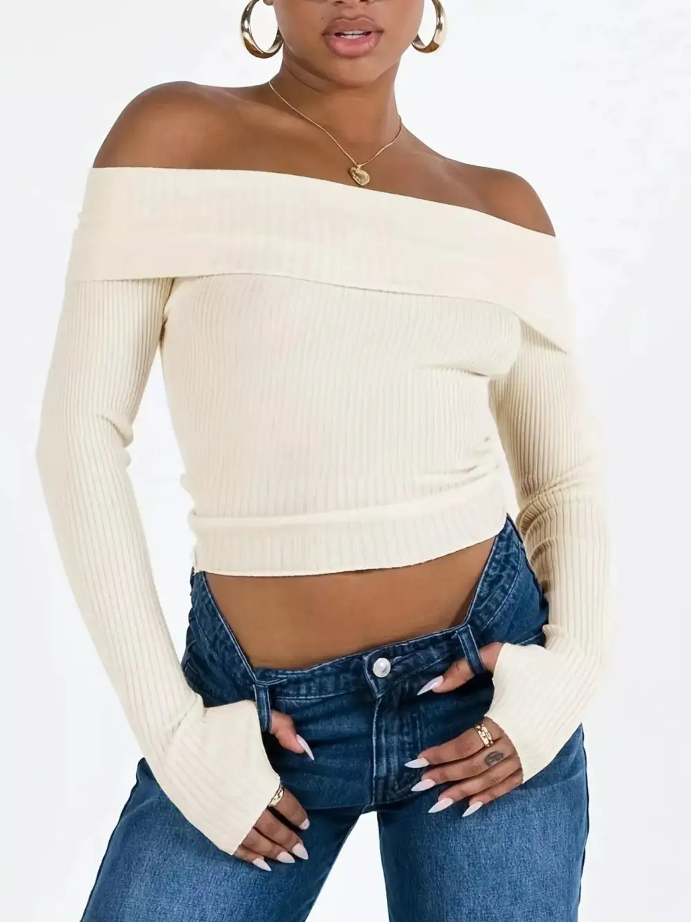 Textured Off-Shoulder Ribbed Knit Sweater