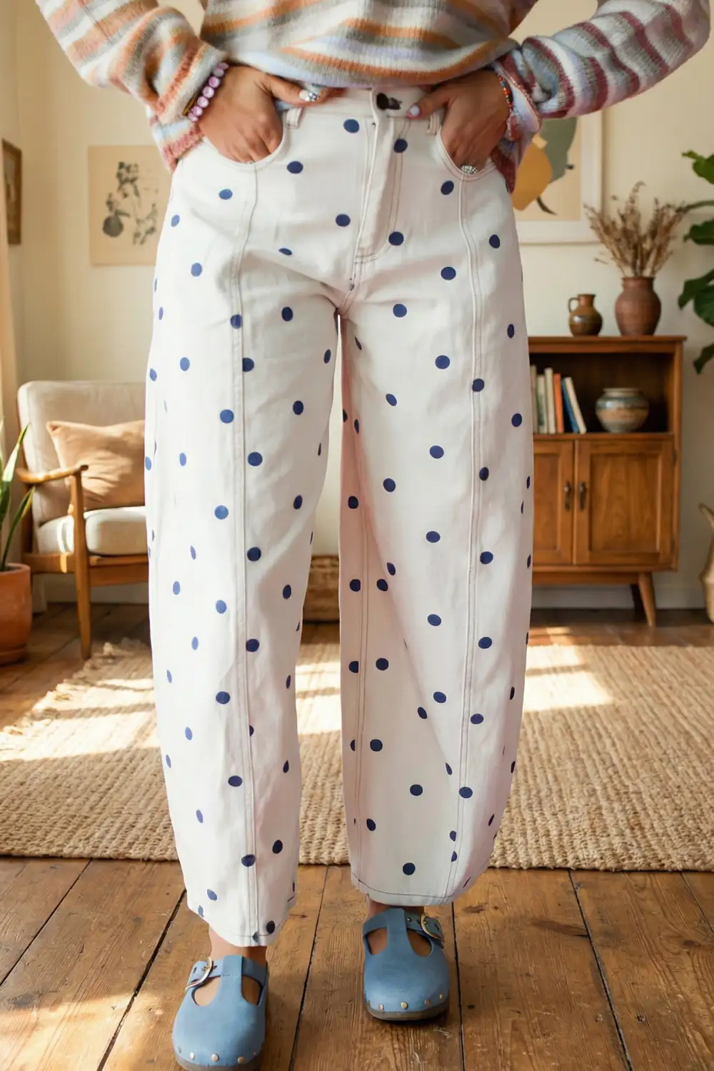 Polka Dot Relaxed Fit Barrel Leg Cropped Casual Jeans