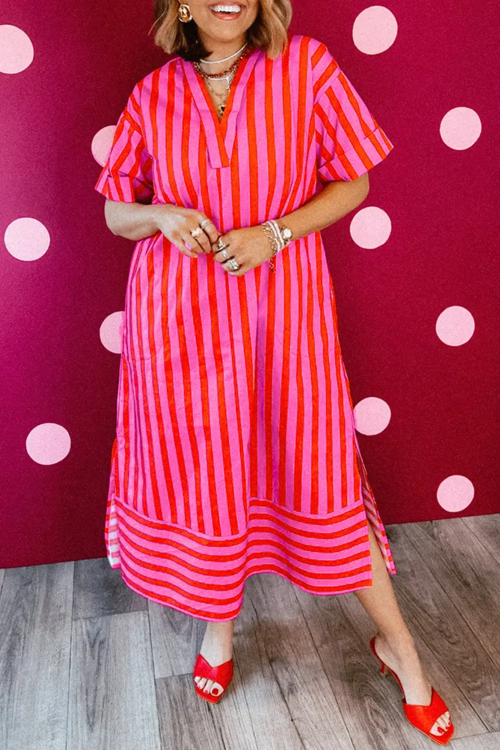 Striped Neck Sleeve Relaxed Midi Dress