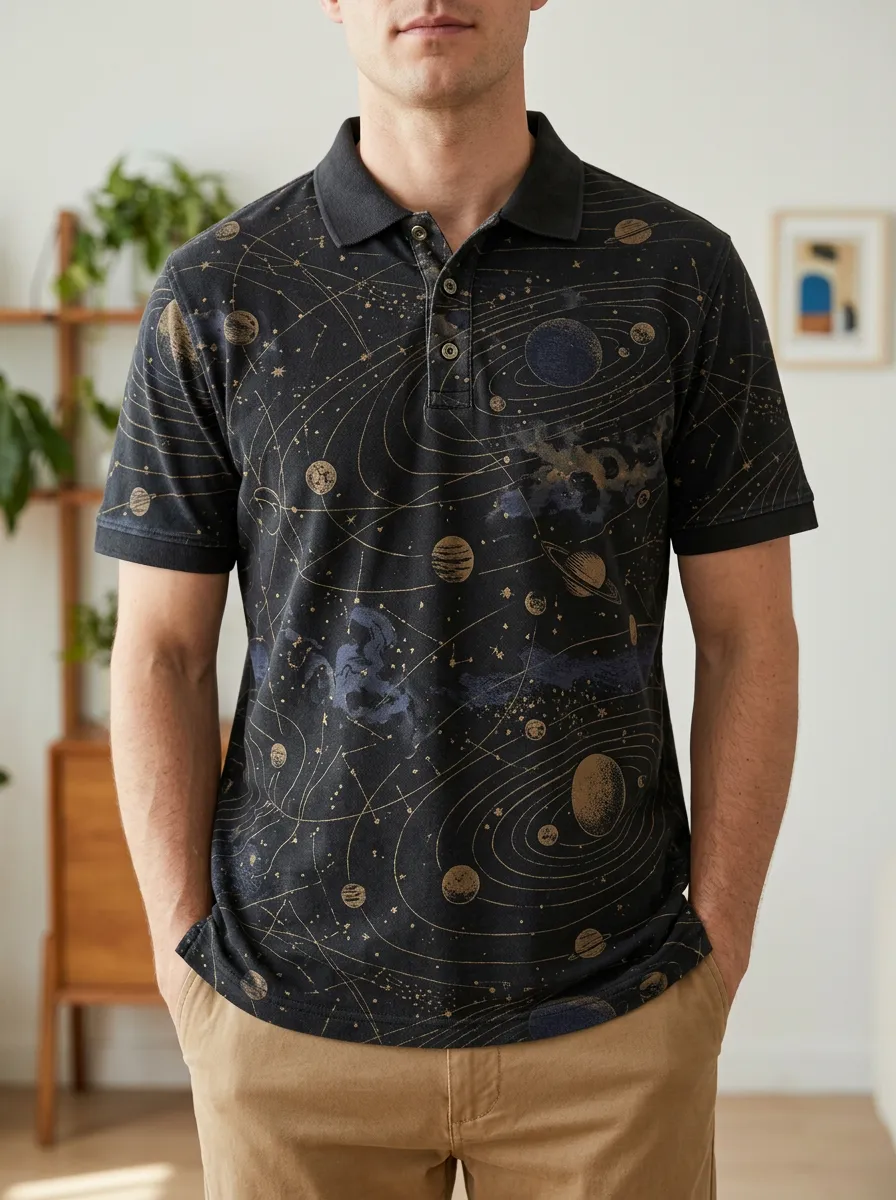 Men's Astronomy Lover Solar System Printed Polo Shirt Weekend Casual Style