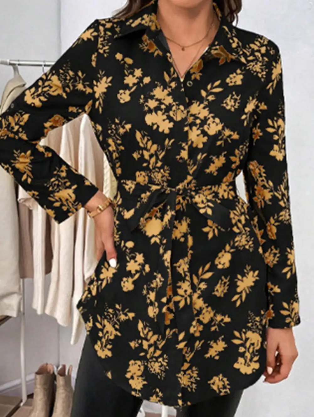 Floral Belted Long Sleeve Shirt