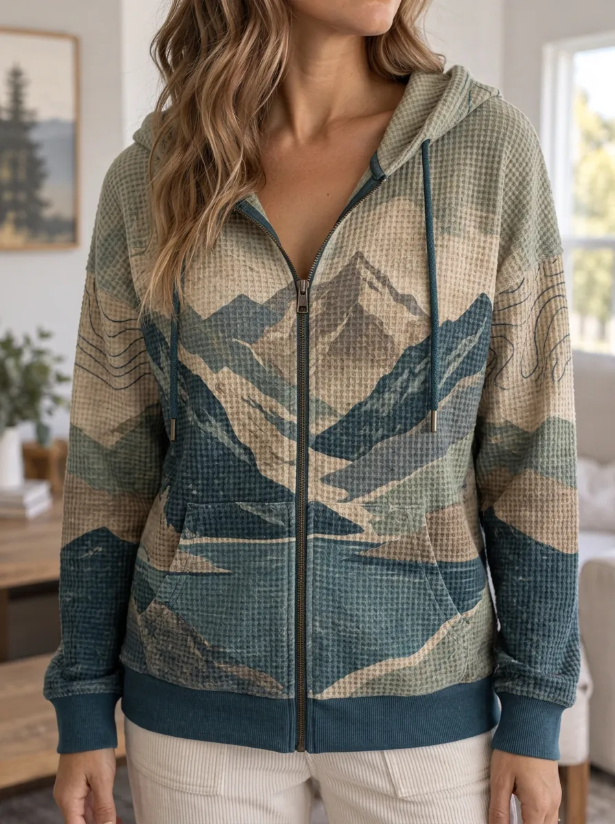 Women's Mountain Nature Lover Landscape Printed Waffle Zip Hoodie