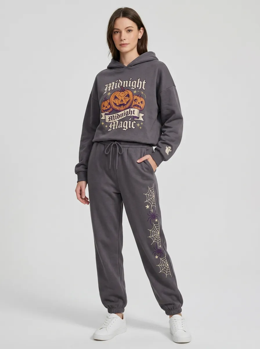 Women's Halloween Midnight Magic Pumpkin Spiderweb Printed Jogger Set