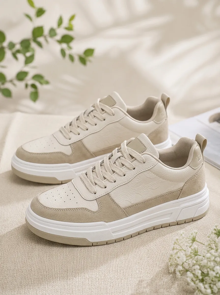 Men's Beige Minimalist Suede Leather Printed Sneakers
