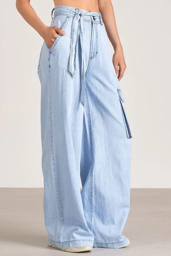 Women's Light Blue Denim Cargo Wide Leg Pants