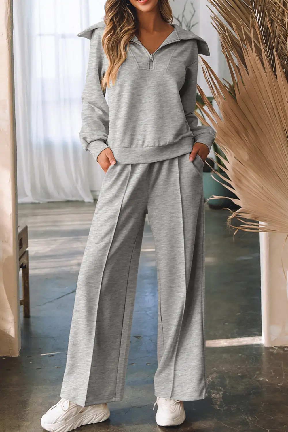 Women's Solid Zip Sailor Collar Pullover Athleisure Sweatpants Two Piece Set