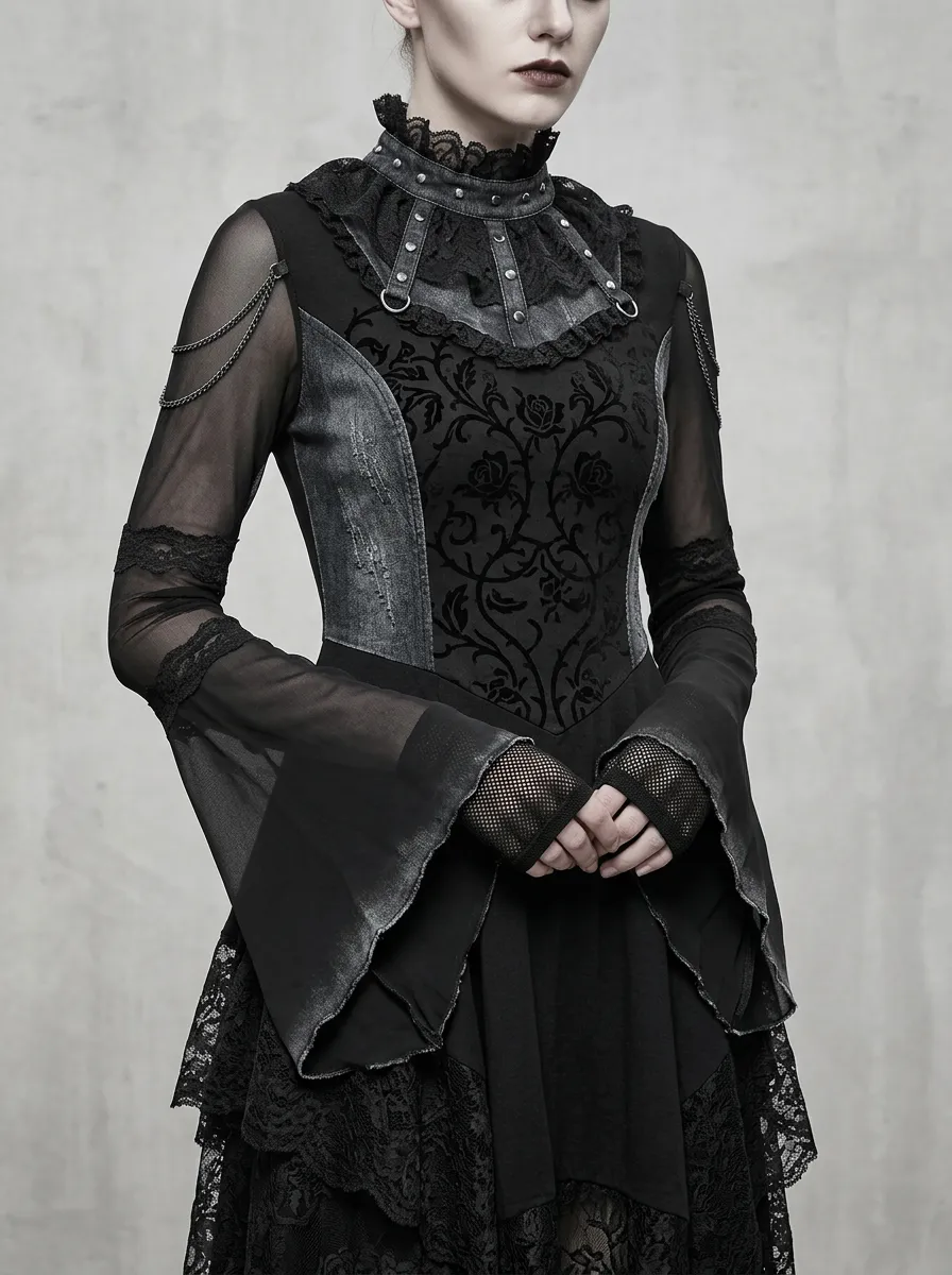 Women's Gothic Victorian Rose Lace Studded Mesh Printed Top