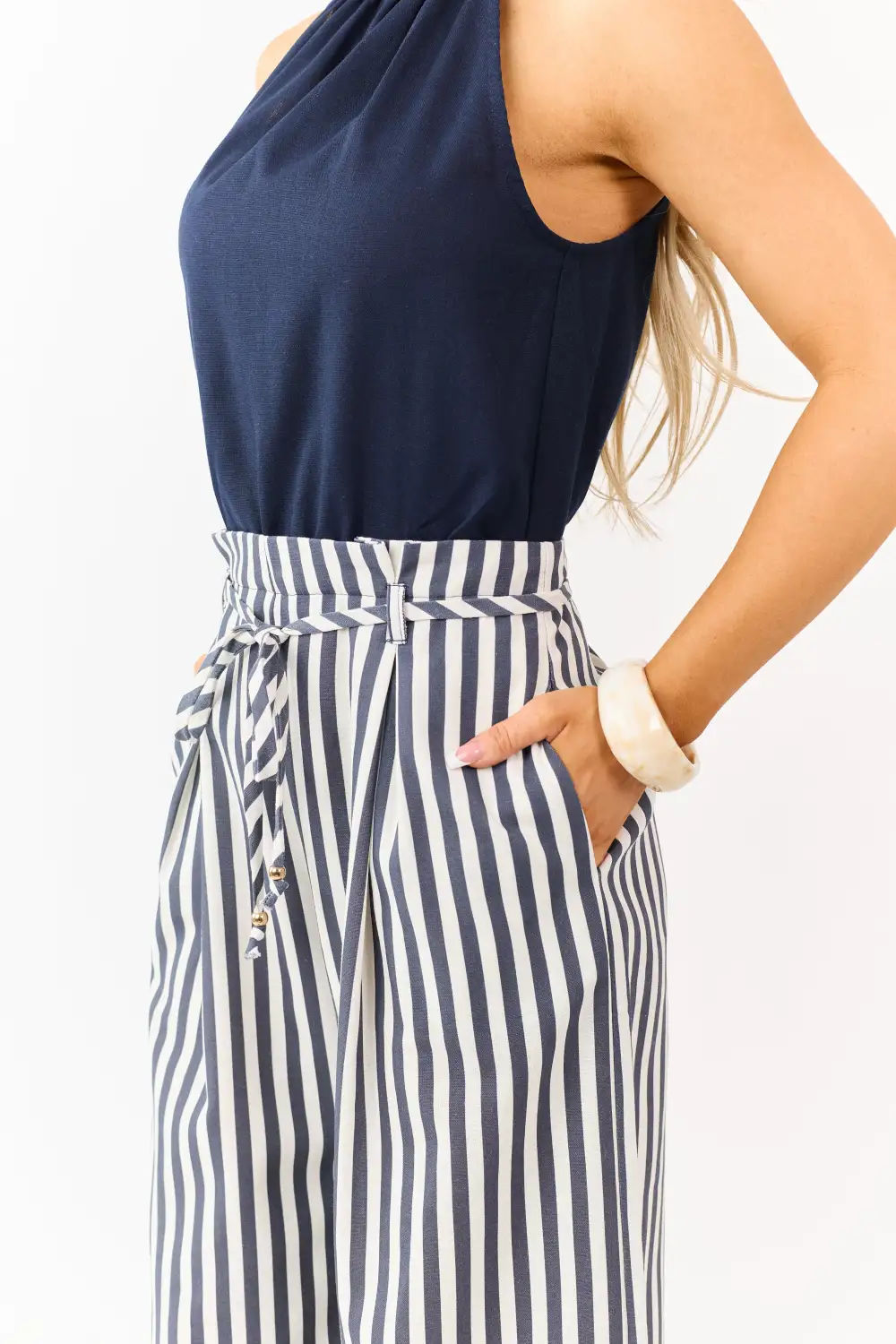 Navy And Striped Leg Halter Neck