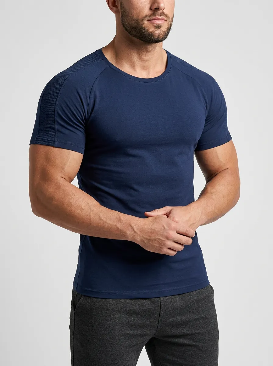Classic Ribbed Textured Raglan Sleeve Look Men's Slim Fit Short Sleeve T-Shirt