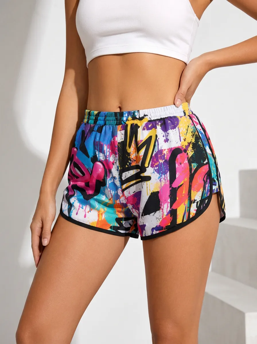 Women's Streetwear Graffiti Art Colorful Elastic Waist Printed Shorts