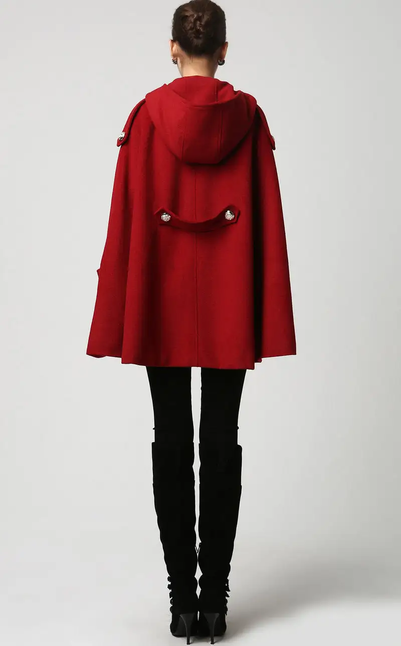Wool Blend Cape Hooded Double Breasted Cape Detail Coat
