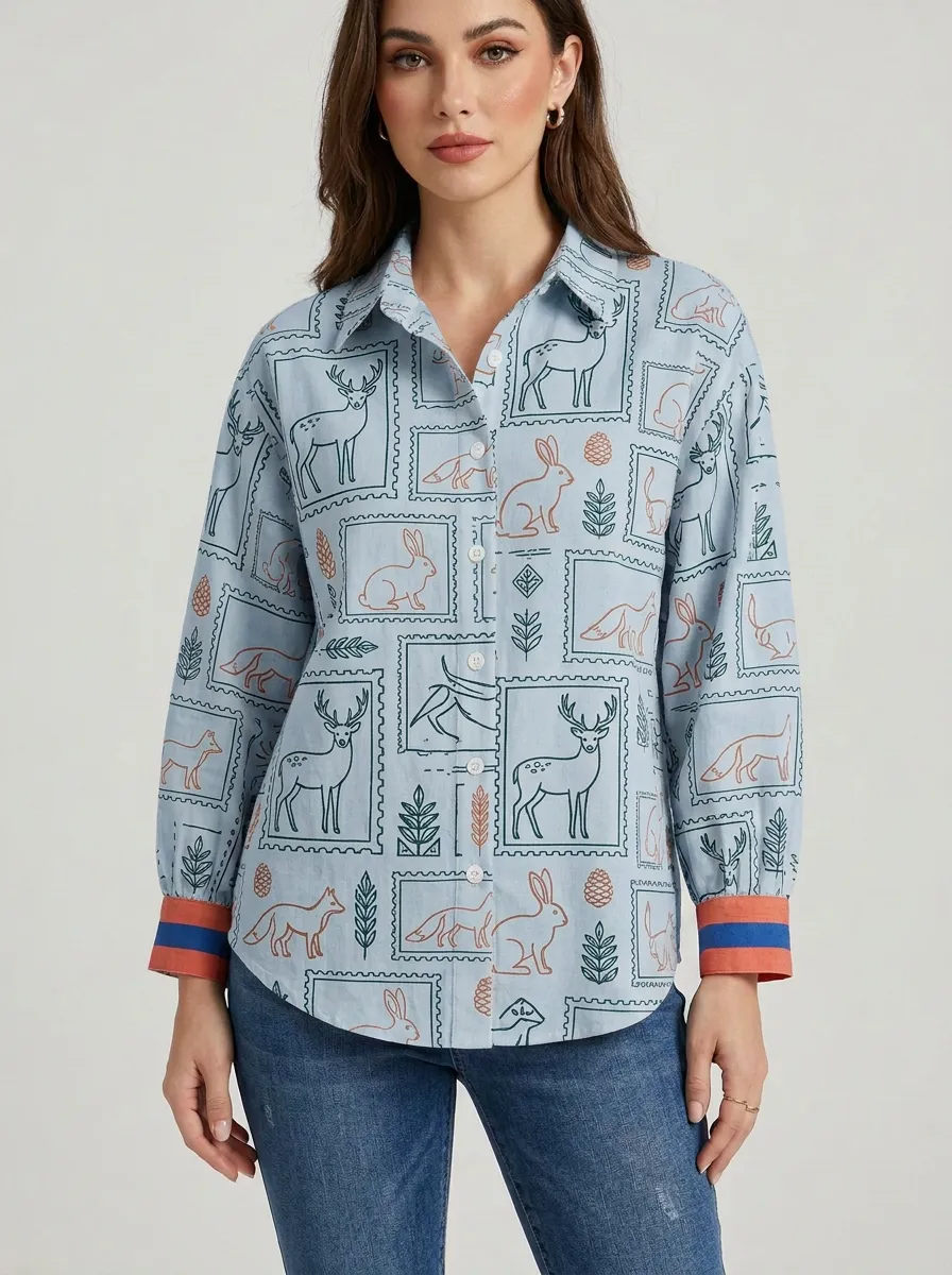 Women's Nature Lover Forest Animal Stamp Printed Button-up Shirt