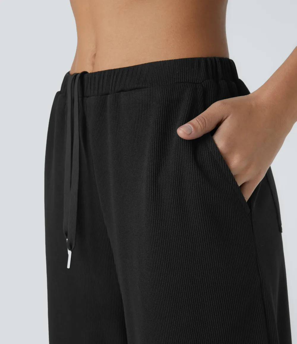 Ribbed Mid Low Rise Inside Drawstring Multiple Pockets Wide Leg Casual Pants