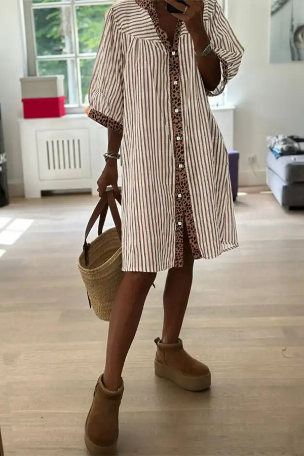 Stripe Square Button Leopard Trim Loose Bracelet Sleeve Shirt Dress Weekend