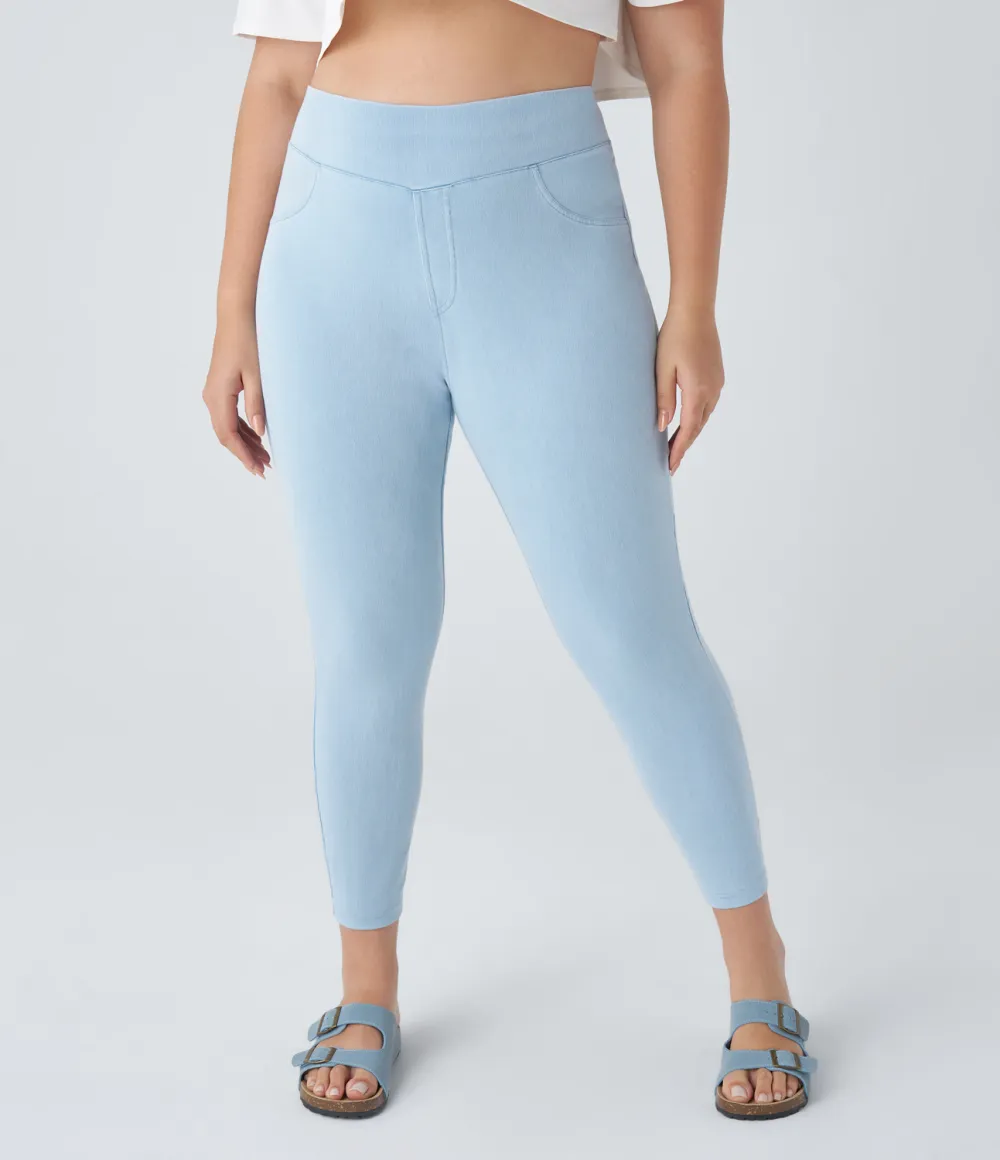 Magic High Waisted Back Side Pocket Stretchy Knit Denim Plus Size Casual Leggings