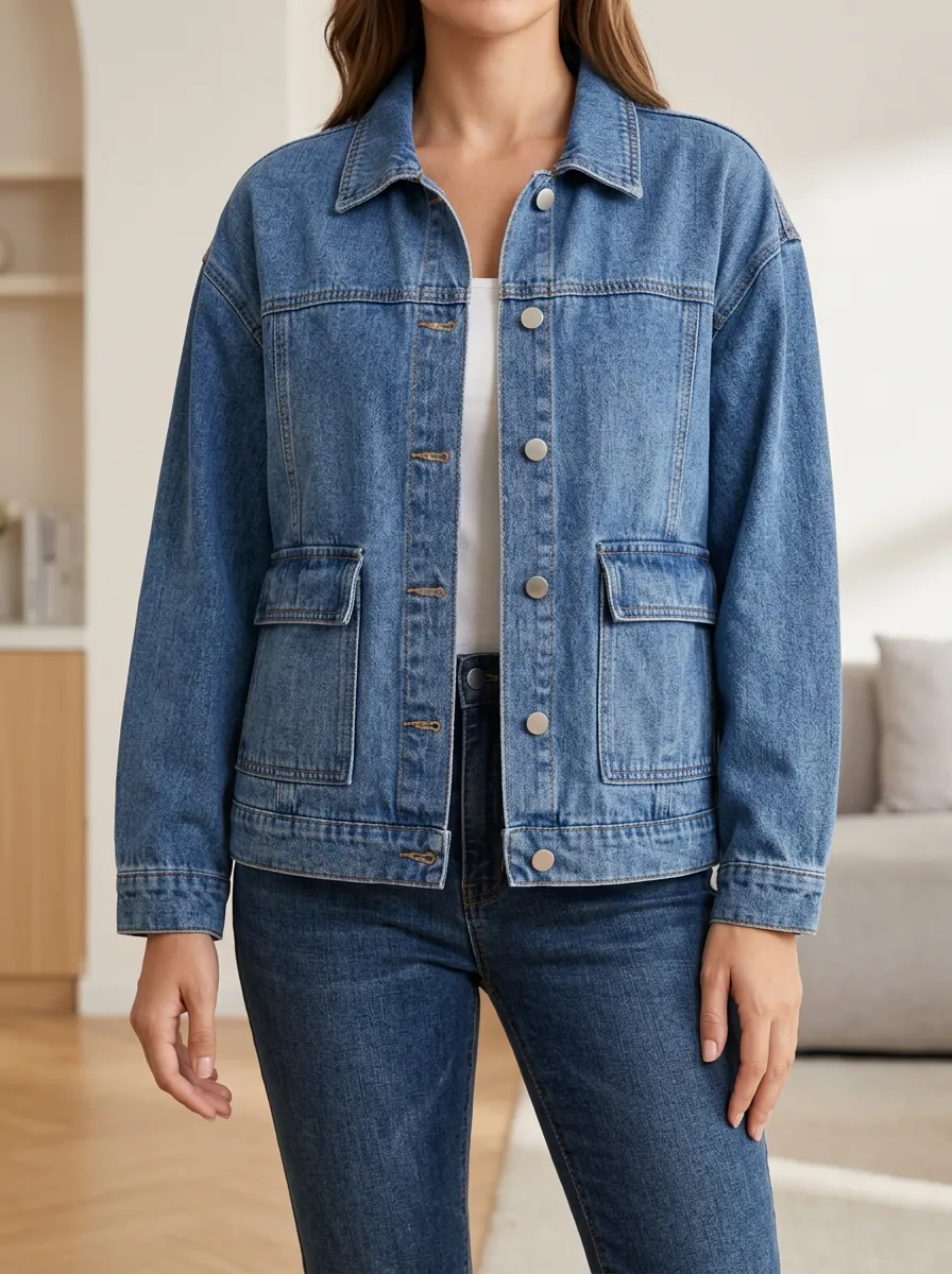 High Neck Short Sleeve Women's Denim Jacket